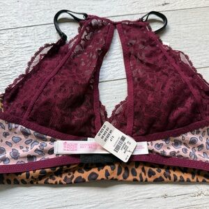 PINK Victoria's Secret Lace Bralette in Burgundy with Leopard Band